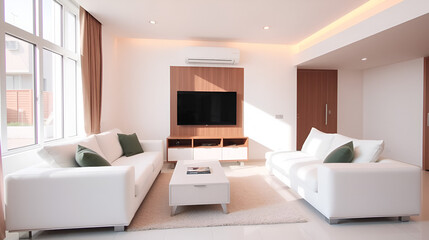 Fototapeta premium Modern living room with white sectional sofa, coffee table, and floor. There is a flat screen TV on the wall above the sofa, and an air conditioner unit