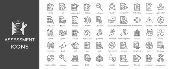 assessment icon set. with icon validity,risk,evaluation,quality,management