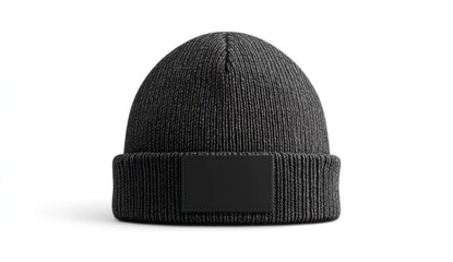 Dark grey knitted beanie with black patch.