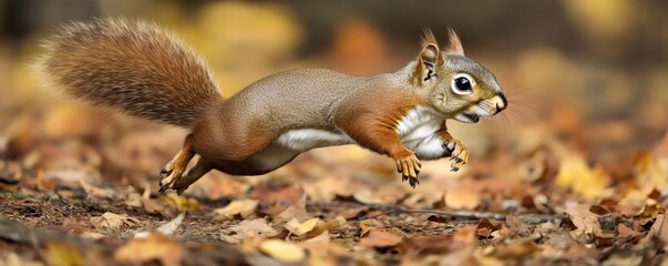 Fototapeta premium A red squirrel leaps across a bed of fallen autumn leaves