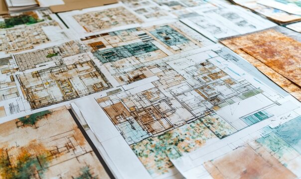 Architectural blueprints scattered across a table top.