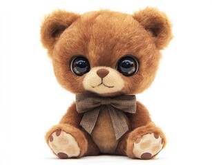 Adorable brown teddy bear plush toy with big eyes and bow tie, isolated on white background.