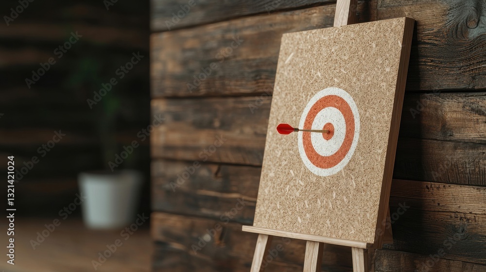 Poster dart hitting the center of a target on an easel with a rustic wooden background in a well-lit room
