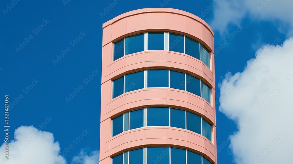 Aufkleber pink cylindrical building against a bright blue sky with fluffy white clouds. the building has multi