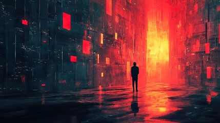 A Solitary Figure Contemplates a Glowing Path in a Surreal Digital Painting