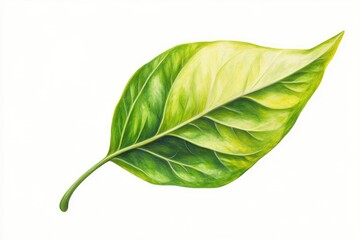 Obraz premium Detailed illustration of a vibrant leaf. A single leaf, depicted in vivid green and pale yellow hues, showcasing intricate vein patterns. The leaf displays a gradient of colors
