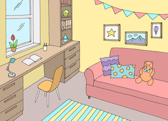 Children room graphic color home interior sketch illustration vector 