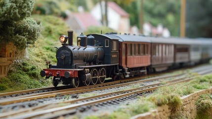 Naklejka premium Vintage Steam Train Model on Scenic Railway Diorama