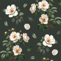 Seamless pattern design with victorian watercolor illustrations of dog rose flowers. Perfect for fabrics, wallpapers, clothes, home textile, packaging design, posters and other prints