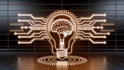 Glowing lightbulb with brain inside, connected to circuit lines, on dark tiled floor, showcasing innovative ideas, technology, and intelligence
