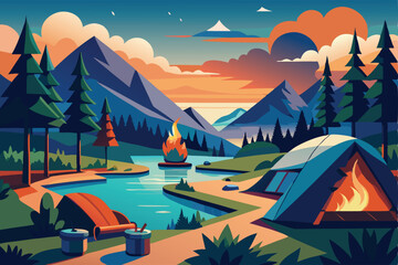 hiking nature holiday illustration camping scenic, serene tranquil, waterfall mountains hiking nature holiday