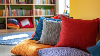 a cozy reading corner in a classroom, filled with books and pillows.