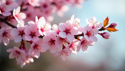 Naklejka premium Pink and white flowers blooming in profusion on the branches of a flowering nanking cherry, blossom tree, ornamental tree, flower blooming