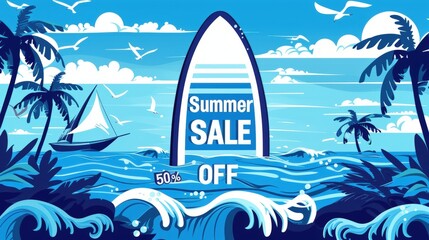 Summer sale banner with ocean waves, palm trees, and sailboat
