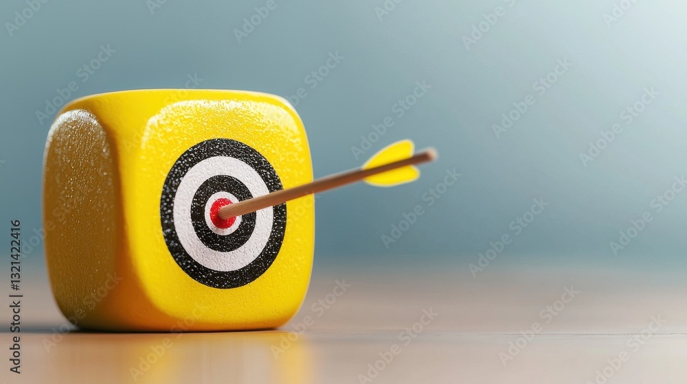 Poster bright yellow target cube with a dart embedded in the center, symbolizing precision and achievement 