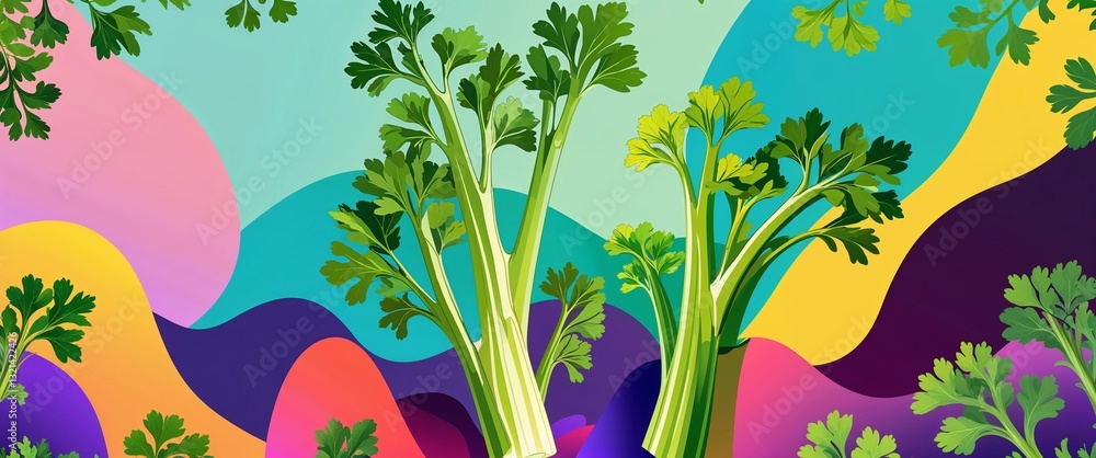 Poster celery pattern on colorful plain background digital abstract art work illustration design