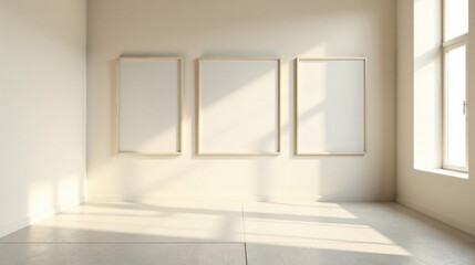 Fototapeta premium Empty Gallery Room with Three Simple Wooden Frames and Sunlight Streaming Through a Window