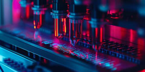  A close-up of colorful chemical tubes in a lab, glowing in red and blue lights, symbolizing scientific innovation and chemical experimentation.
