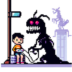 Retro pixel art vector illustration of a boy playing video games on a white background.
