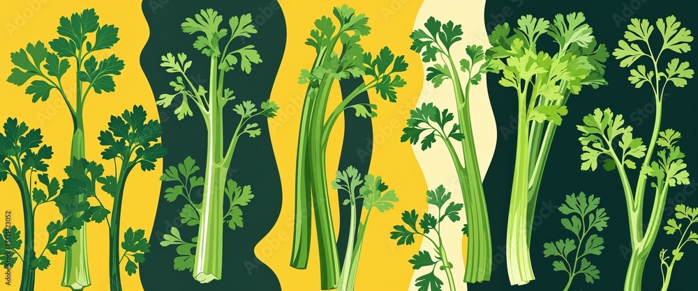 Poster celery pattern on yellow plain background digital abstract art work illustration design