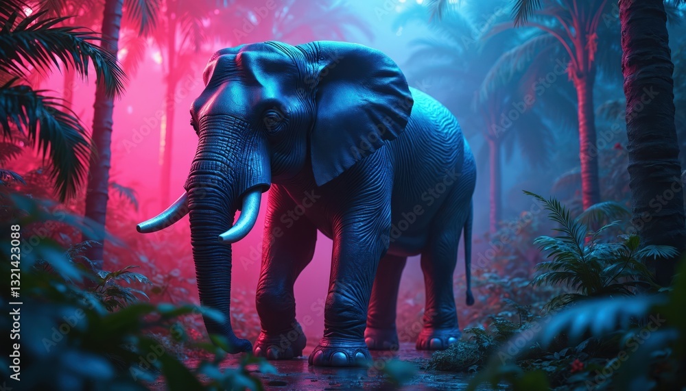 Poster neon elephant walks in jungle with palm trees at night. glowing animal in tropical forest artwork. d