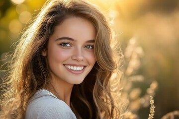 Naklejka premium A smiling young woman enjoying a sunny day in a beautiful outdoor setting.