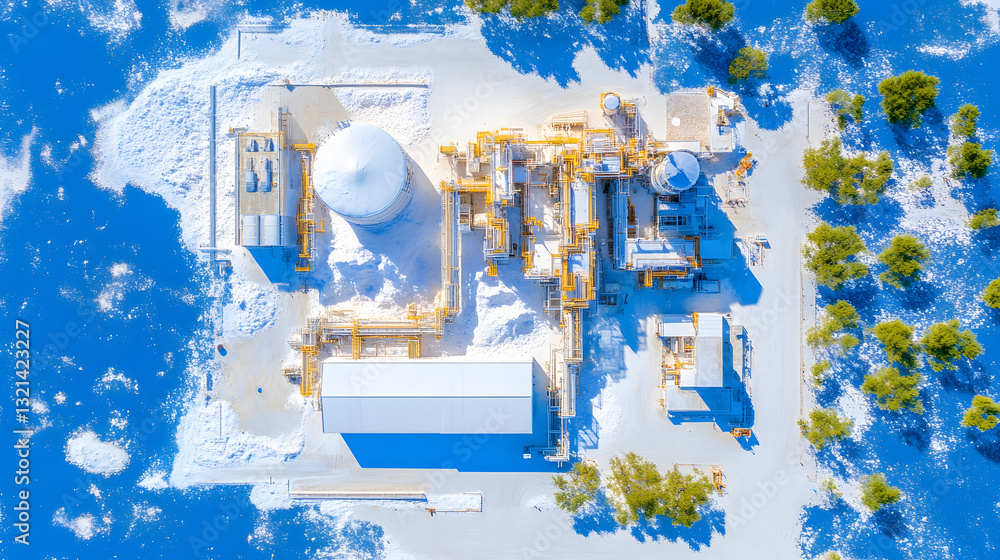 Poster aerial view of a facility surrounded by snowy terrain, showcasing industrial structures and machiner