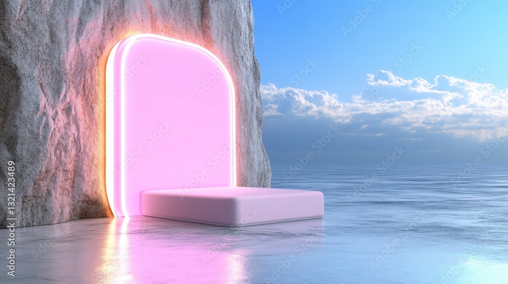 Poster abstract coastal scene with a pink illuminated display platform set against a rocky cliff face. soft