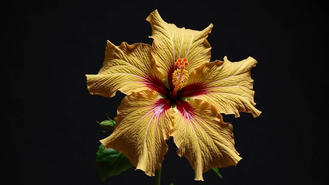 Vibrant yellow hibiscus flower with striking red center spinning slowly against deep black background, highlighting botanical elegance and natural color contrast