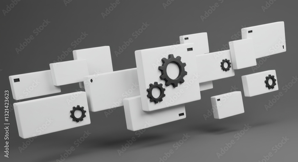 Poster abstract 3d render of interconnected white blocks and black gears: a visual representation of networ