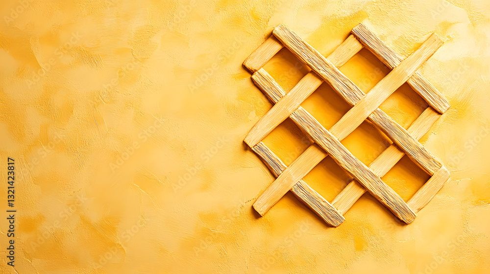 Poster a wooden lattice design rests against a textured yellow background, creating a warm and inviting aes