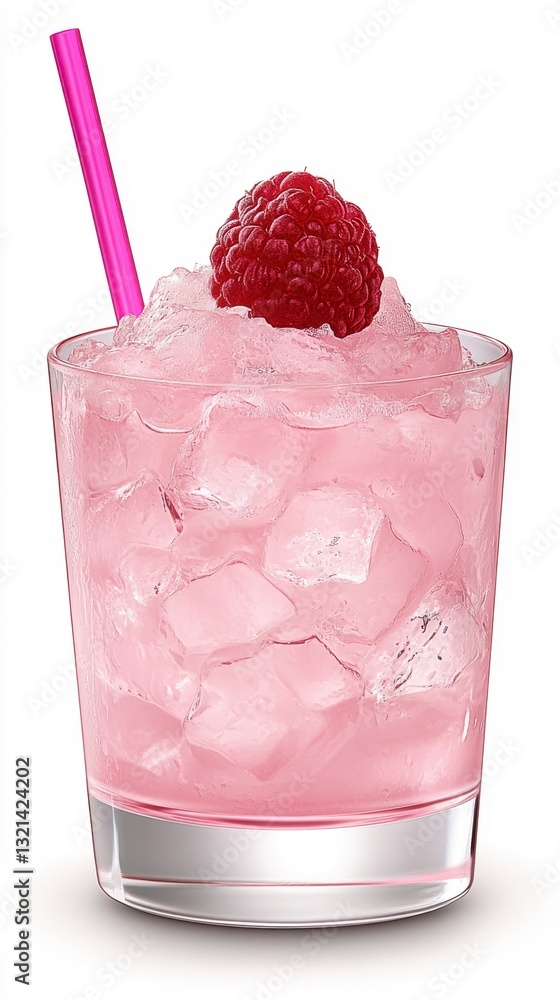 Poster Pink raspberry frozen cocktail in a rocks glass with a pink straw and a fresh raspberry garnish. Ice cubes are visible. The drink has a refreshing and summery appearance.