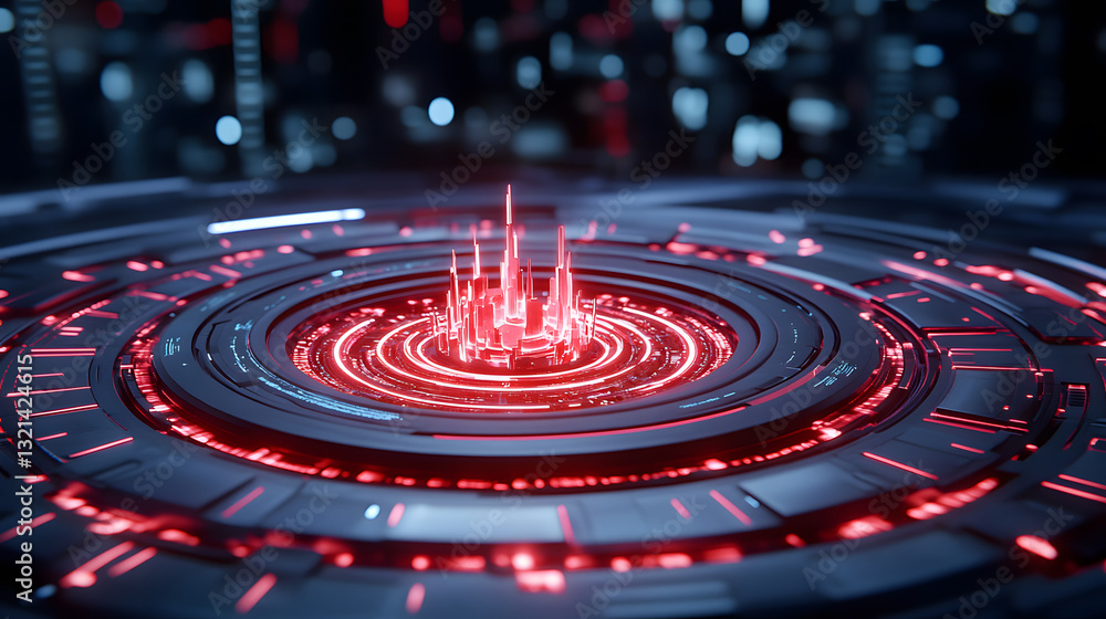 Poster a futuristic, glowing red circular design with pulsating spikes, set against a dark, tech-inspired b