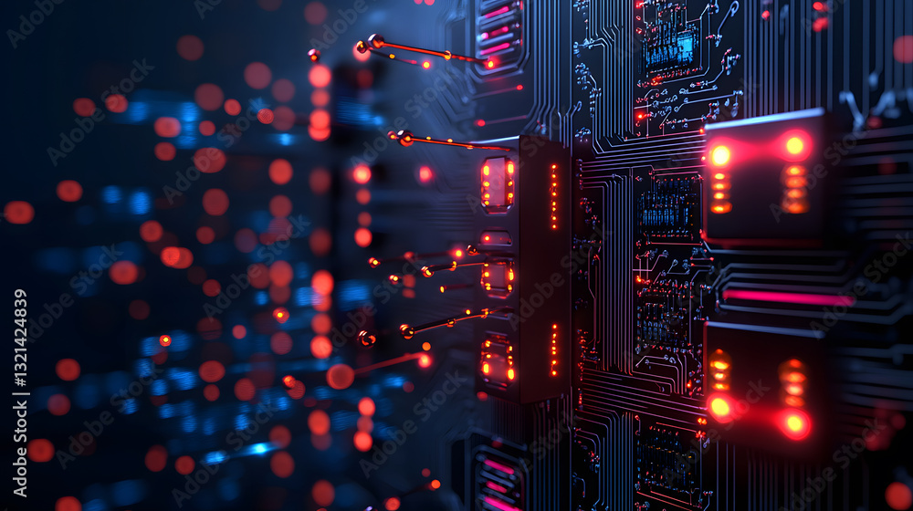 Poster a close-up view of intricate circuit board connections illuminated by glowing red and blue lights, s