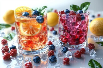 Refreshing summer drinks: fruit-infused beverages with ice perfect for hot days decorated with berries and citrus fruits