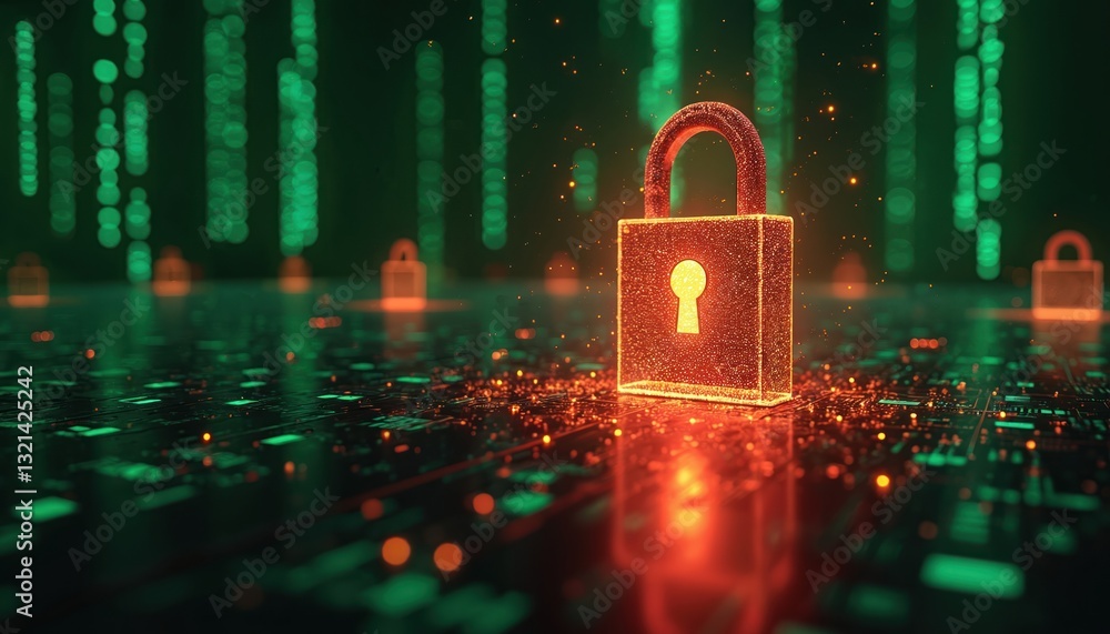 Poster glowing digital padlock surrounded by binary code, warning symbols on dark digital surface. cybersec