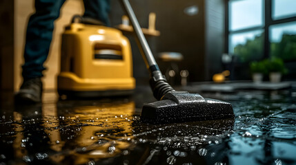 A person using a vacuum cleaner cleaning a wet floor surface