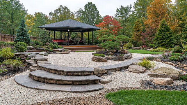 Autumnal Zen Garden with Pavilion and Stone Steps