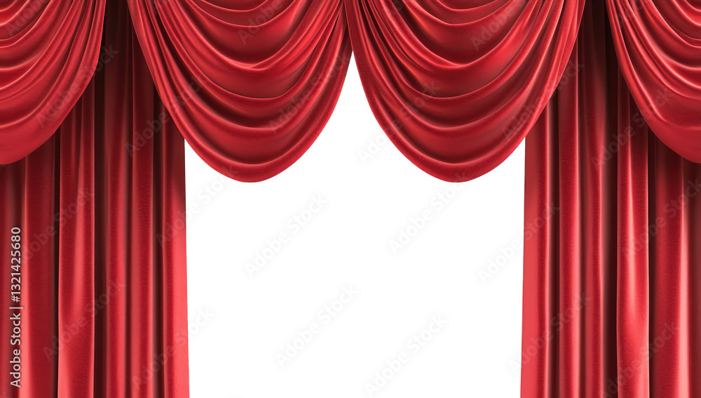 Poster a pair of elegant red curtains draped and gathered framing a blank space in the center suggesting a 