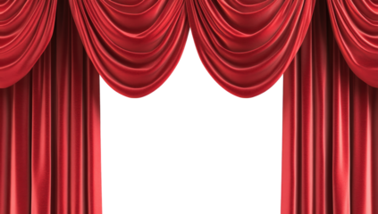 a pair of elegant red curtains draped and gathered framing a blank space in the center suggesting a stage or theatrical setting ready for a performance or presentation