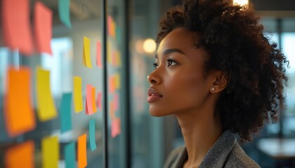 Young businesswoman brainstorms, plans strategy using sticky notes on glass wall in office. African American female entrepreneur works, analyses project, organizes thoughts, makes decisions.