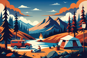 hiking nature holiday illustration camping scenic, serene tranquil, waterfall mountains hiking nature holiday