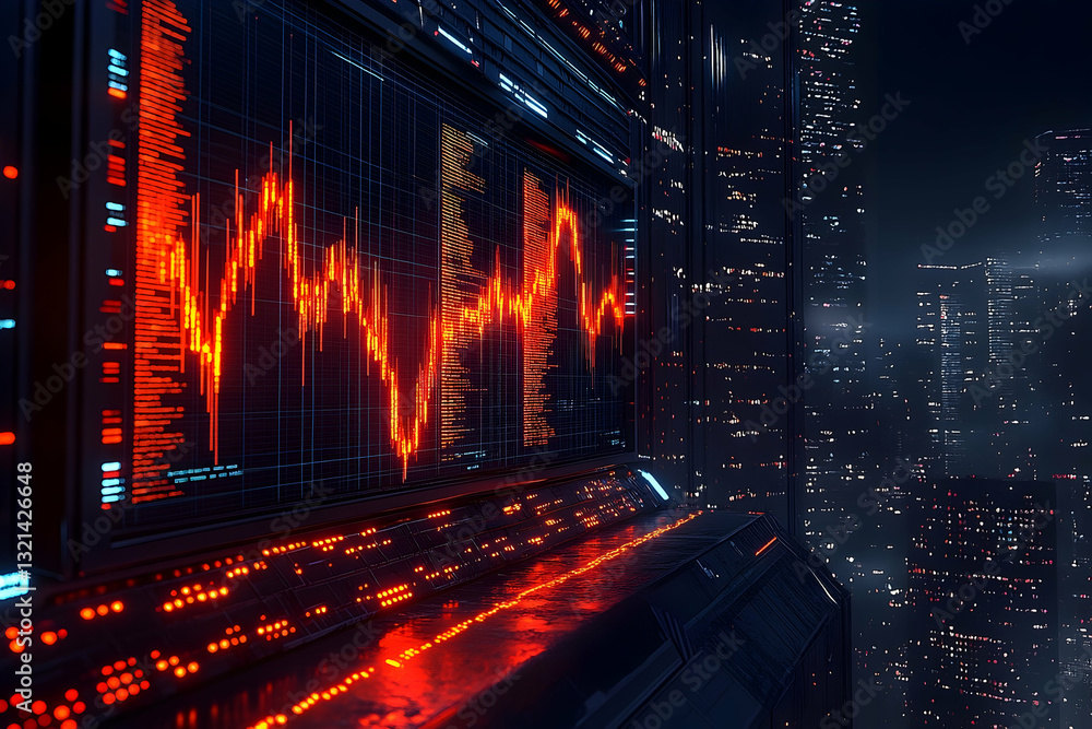 Poster futuristic cityscape at night, viewed from a high vantage point, showcasing a large screen displayin