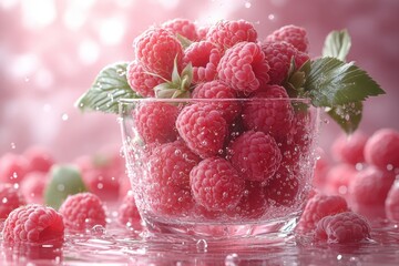 Luminous raspberries fill a glass surrounded by glistening water droplets creating a fresh and inviting scene