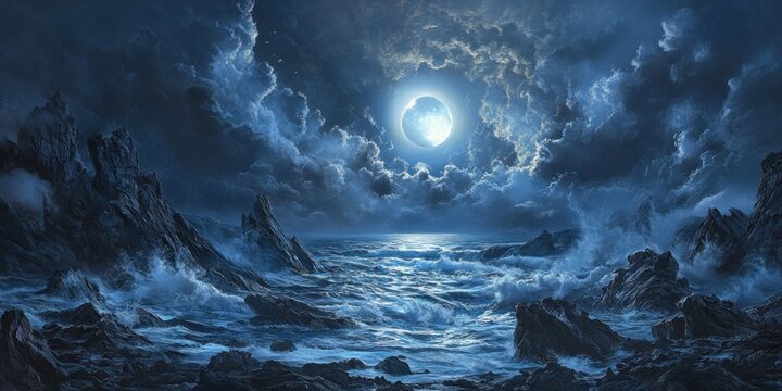 Dramatic moonlit seascape with rocky coast and turbulent waves.