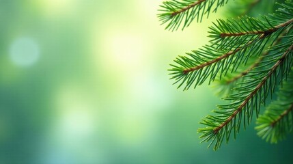 Obraz premium Vibrant Evergreen Branches Against a Soft, Lush Green Background, Ideal for Nature-Themed Designs and Projects