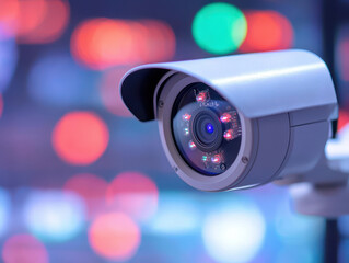 Surveillance camera with colorful bokeh background