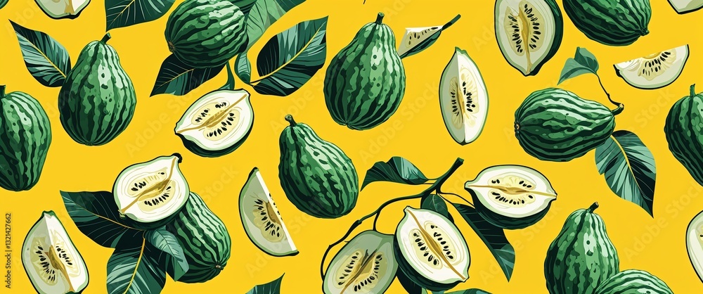 Poster guava pattern on yellow plain background digital abstract art work illustration design