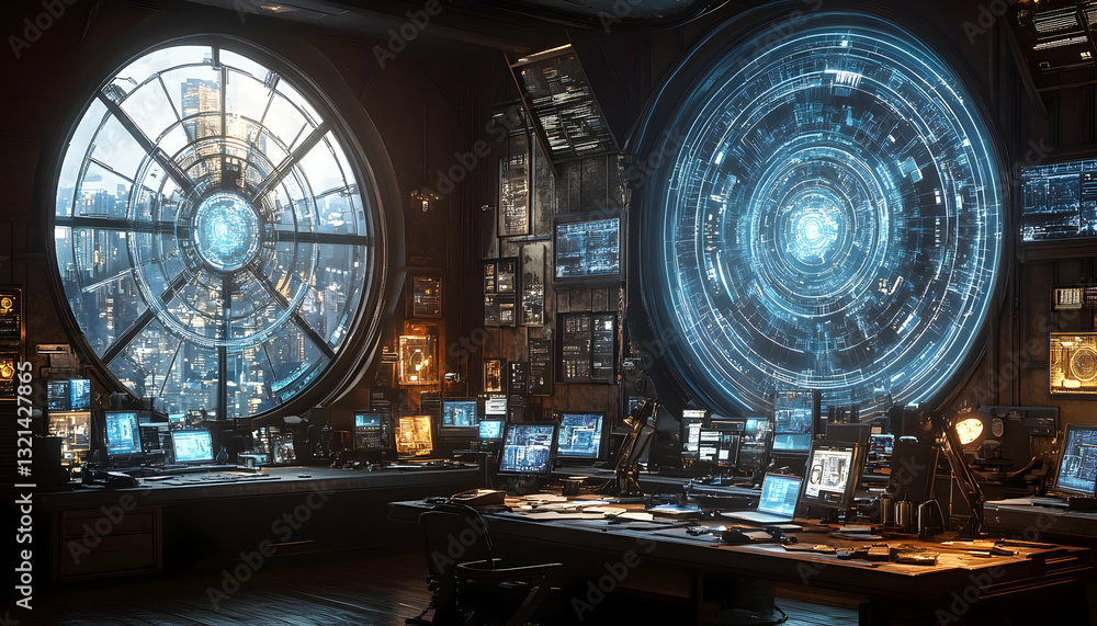 Poster futuristic control room with large circular displays, numerous computer screens, and a view of a cit