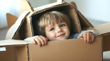 Child playing pilot inside cardboard airplane.